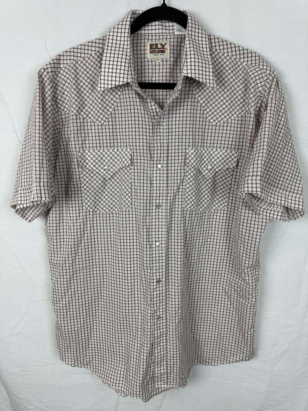 Ely Cattleman Western Shirt Size L Brown Check Short Sleeve Pearl Snap